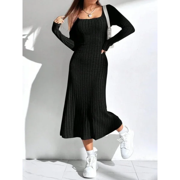 Kadın Uzun Kollu Kare Yaka Midi Kaşkorse Elbise