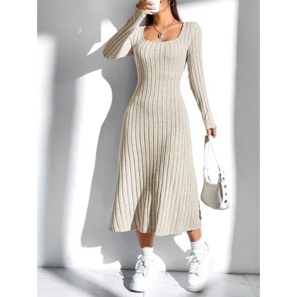 Kadın Uzun Kollu Kare Yaka Midi Kaşkorse Elbise