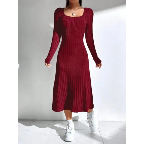 Kadın Uzun Kollu Kare Yaka Midi Kaşkorse Elbise