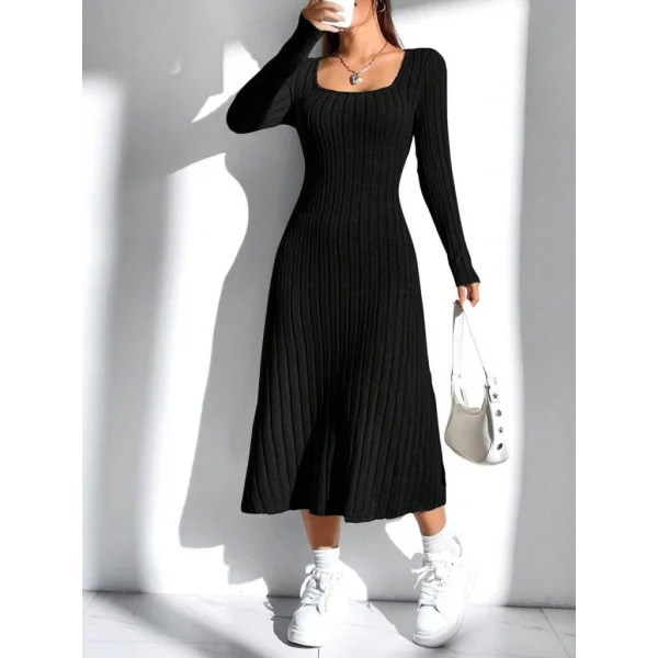 Kadın Uzun Kollu Kare Yaka Midi Kaşkorse Elbise