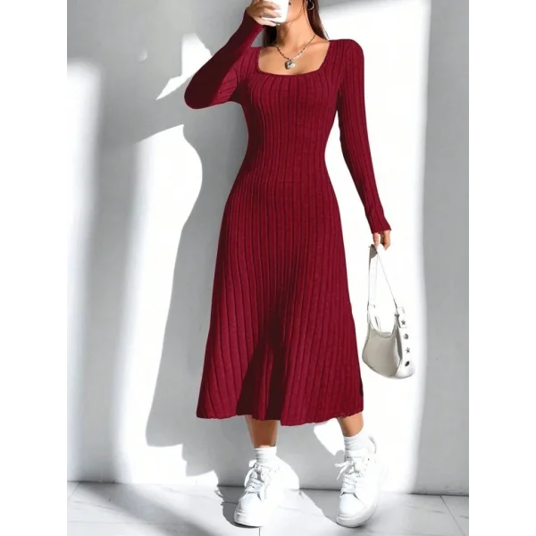 Kadın Uzun Kollu Kare Yaka Midi Kaşkorse Elbise