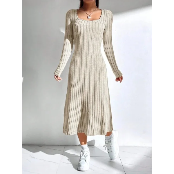 Kadın Uzun Kollu Kare Yaka Midi Kaşkorse Elbise