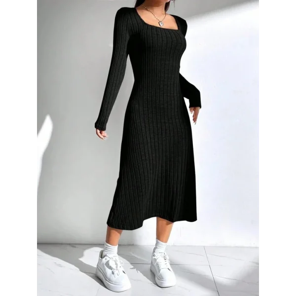 Kadın Uzun Kollu Kare Yaka Midi Kaşkorse Elbise