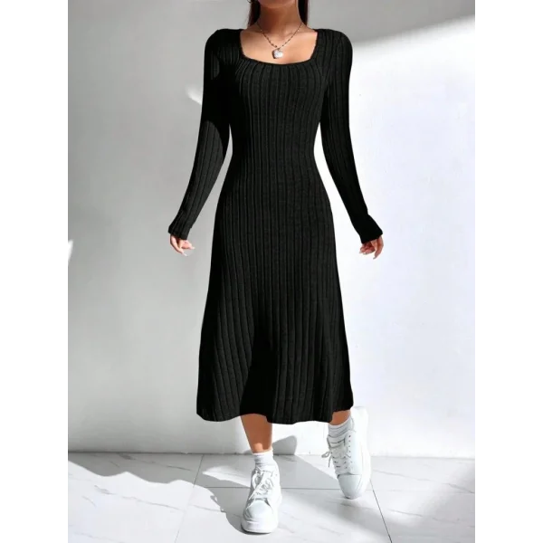 Kadın Uzun Kollu Kare Yaka Midi Kaşkorse Elbise