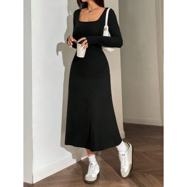 Kadın Uzun Kollu Kare Yaka Midi Kaşkorse Elbise