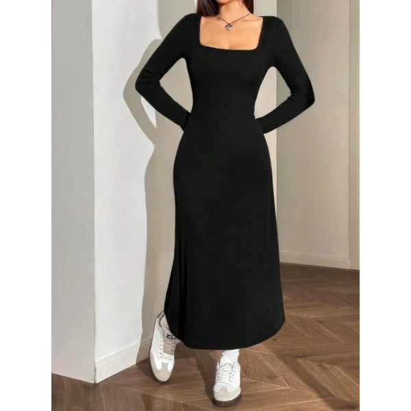 Kadın Uzun Kollu Kare Yaka Midi Kaşkorse Elbise