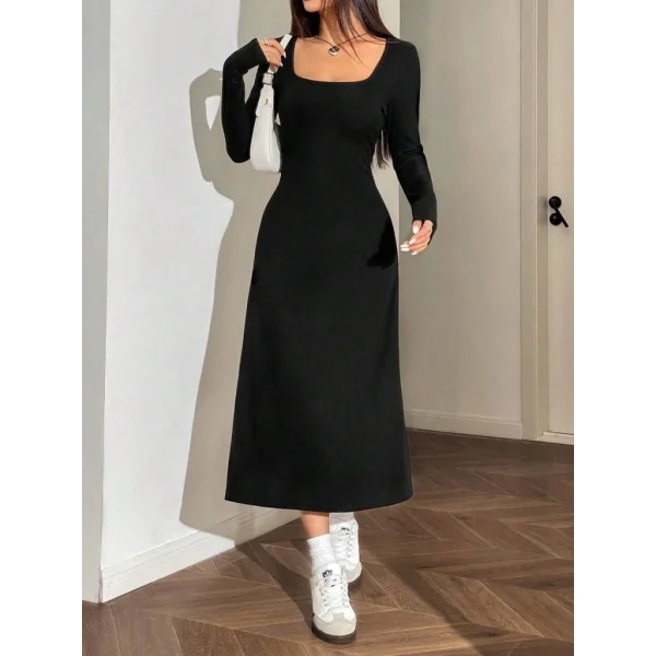 Kadın Uzun Kollu Kare Yaka Midi Kaşkorse Elbise