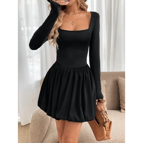 Kadın Uzun Kollu Kare Yaka Mini Balon Modal Elbise