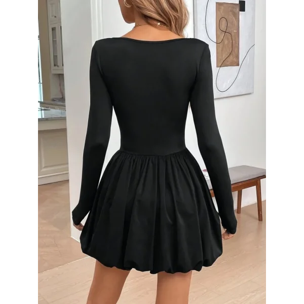 Kadın Uzun Kollu Kare Yaka Mini Balon Modal Elbise