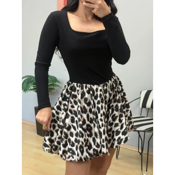 Kadın Uzun Kollu Kare Yaka Mini Balon Modal Elbise