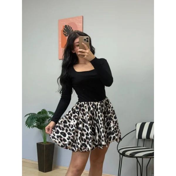 Kadın Uzun Kollu Kare Yaka Mini Balon Modal Elbise