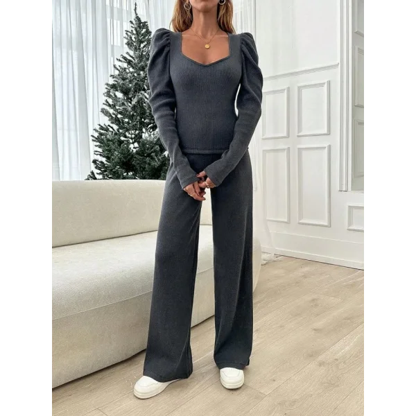 Kadın Uzun Kollu Kare Yaka Omuzları Balon Detay Bluz Ve Yüksek Bel Pantolon Ikili Takım