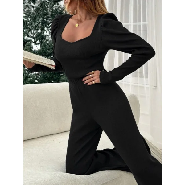 Kadın Uzun Kollu Kare Yaka Omuzları Balon Detay Bluz Ve Yüksek Bel Pantolon Ikili Takım