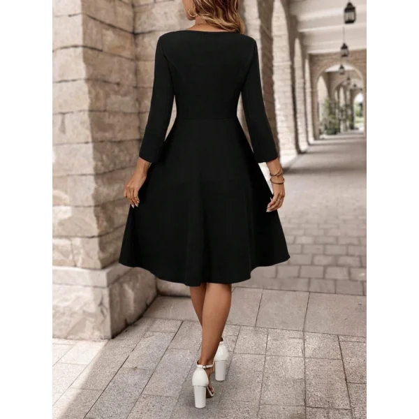 Kadın Uzun Kollu Kare Yaka önden Cepli Kısa Ithal Krep Elbise