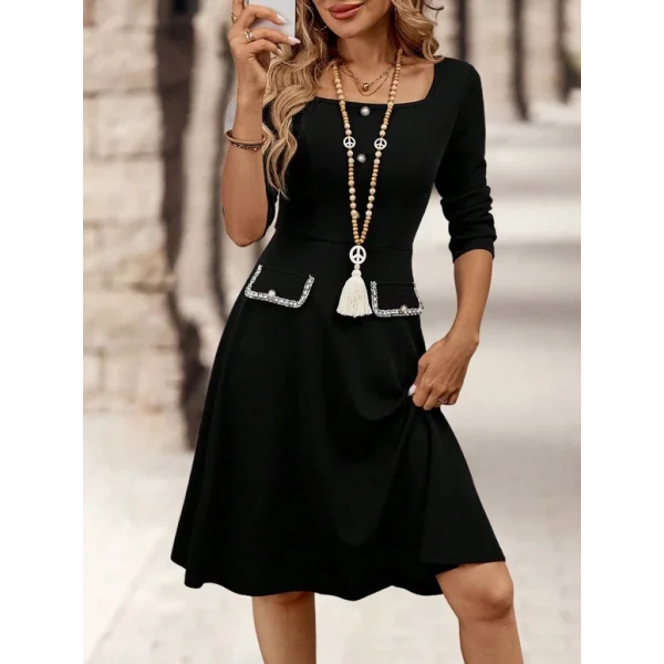 Kadın Uzun Kollu Kare Yaka önden Cepli Kısa Ithal Krep Elbise