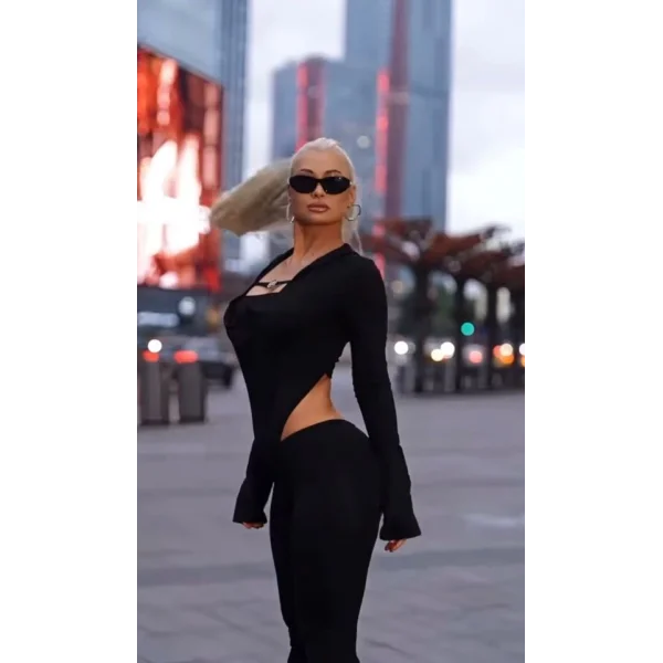 Kadın Uzun Kollu Kare Yaka Toka Ve Bel Dekoltesi Detaylı Tulum Tulum