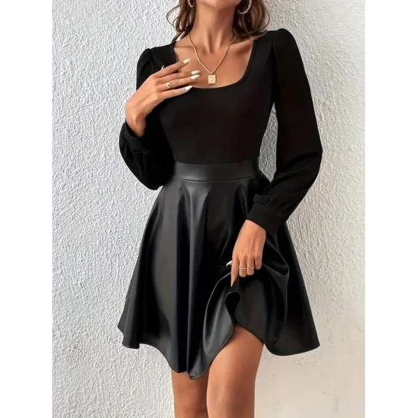 Kadın Uzun Kollu Kare Yaka üst Viskon Alt Deri Mini Elbise