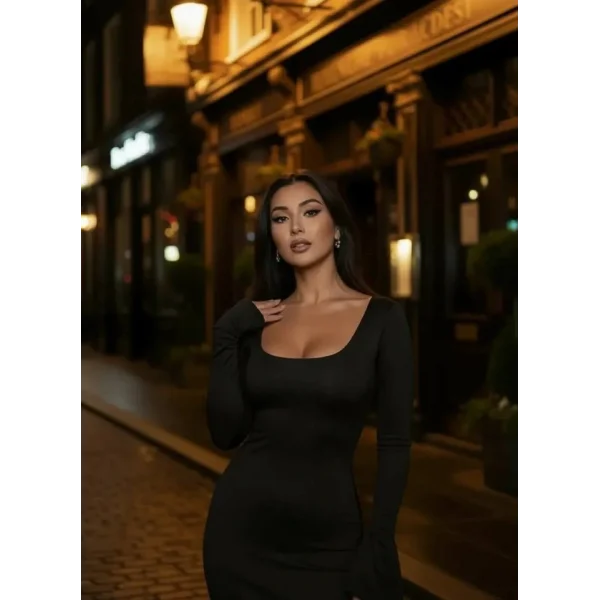 Kadın Uzun Kollu Kare Yaka Volanlı Manşet Detay Maxi Boy Elbise