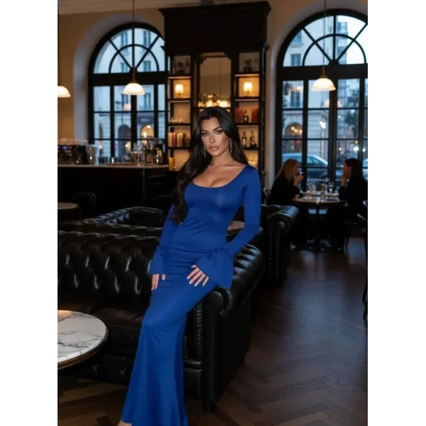 Kadın Uzun Kollu Kare Yaka Volanlı Manşet Detay Maxi Boy Elbise