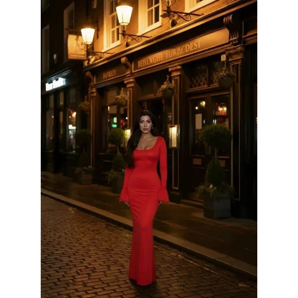 Kadın Uzun Kollu Kare Yaka Volanlı Manşet Detay Maxi Boy Elbise