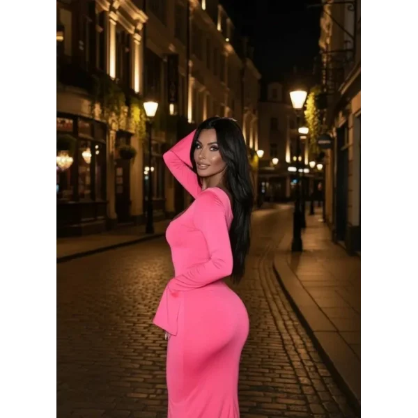 Kadın Uzun Kollu Kare Yaka Volanlı Manşet Detay Maxi Boy Elbise