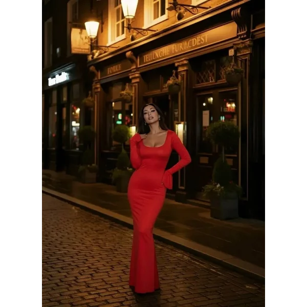 Kadın Uzun Kollu Kare Yaka Volanlı Manşet Detay Maxi Boy Elbise