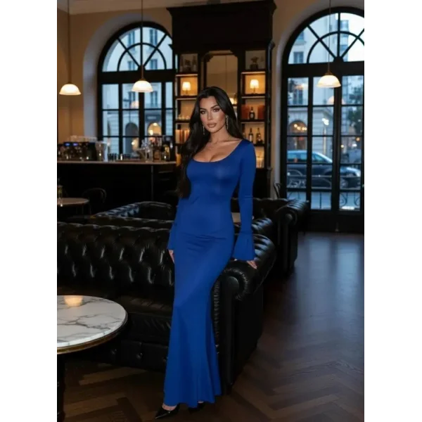 Kadın Uzun Kollu Kare Yaka Volanlı Manşet Detay Maxi Boy Elbise