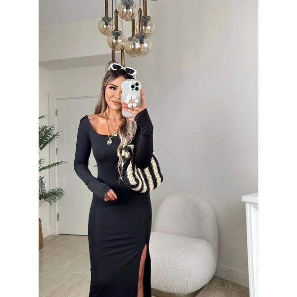 Kadın Uzun Kollu Kare Yaka Yanda Derin Yırtmaçlı Sandy Tam Boy Elbise