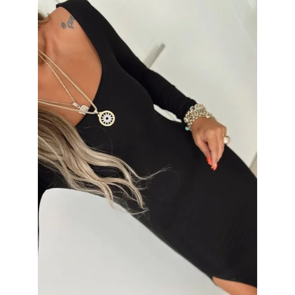 Kadın Uzun Kollu Kare Yaka Yanda Derin Yırtmaçlı Sandy Tam Boy Elbise