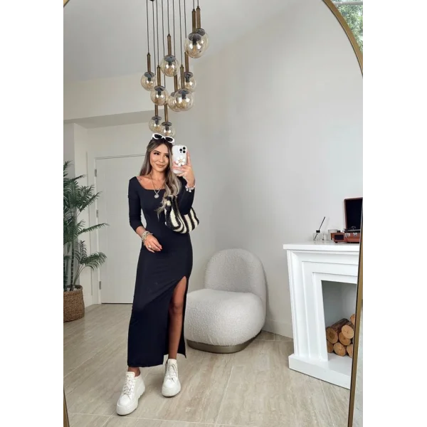 Kadın Uzun Kollu Kare Yaka Yanda Derin Yırtmaçlı Sandy Tam Boy Elbise