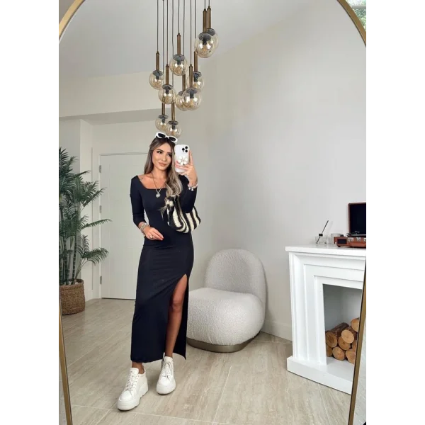 Kadın Uzun Kollu Kare Yaka Yanda Derin Yırtmaçlı Sandy Tam Boy Elbise