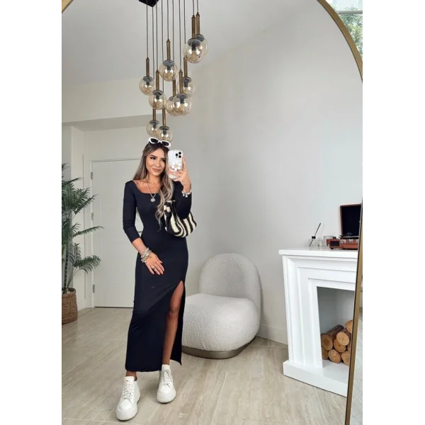 Kadın Uzun Kollu Kare Yaka Yanda Derin Yırtmaçlı Sandy Tam Boy Elbise