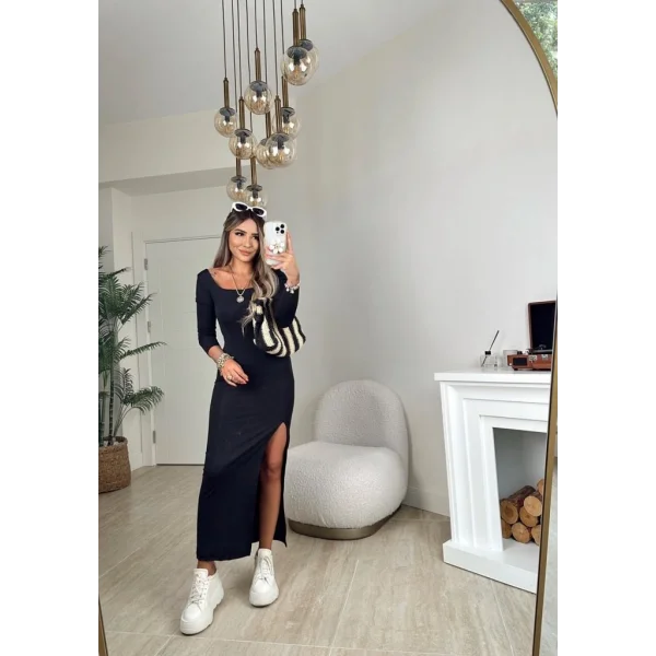 Kadın Uzun Kollu Kare Yaka Yanda Derin Yırtmaçlı Sandy Tam Boy Elbise