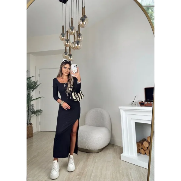 Kadın Uzun Kollu Kare Yaka Yanda Derin Yırtmaçlı Sandy Tam Boy Elbise