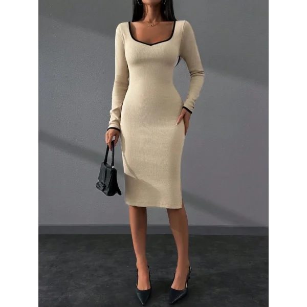 Kadın Uzun Kollu Kare Yaka Yanı Yırtmaç Detay idi Boy Elbise