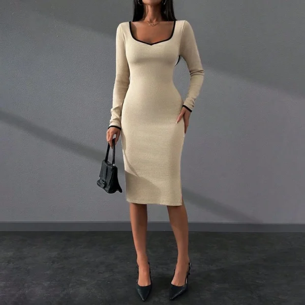 Kadın Uzun Kollu Kare Yaka Yanı Yırtmaç Detay idi Boy Elbise