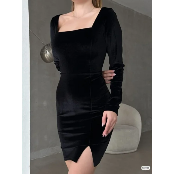 Kadın Uzun Kollu Kare Yaka Yırtmaç Detay Kadife Kumaş Mini Elbise