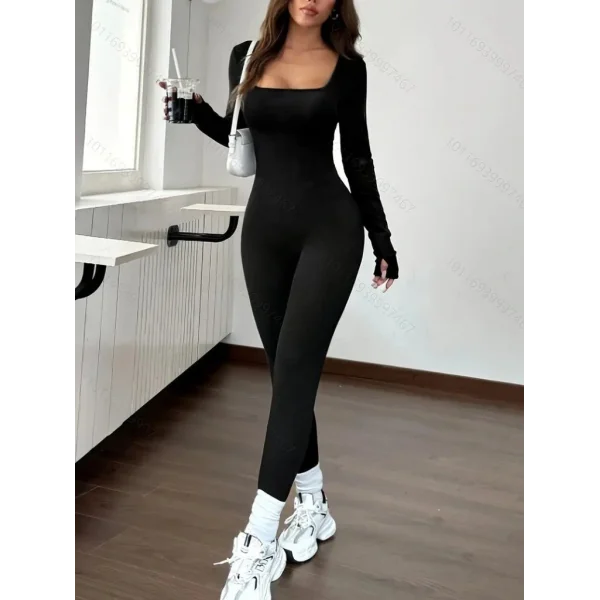 Kadın Uzun Kollu Kare Yakalı Fermuarlı Parmaktan Geçmeli Dalgıç Tulum