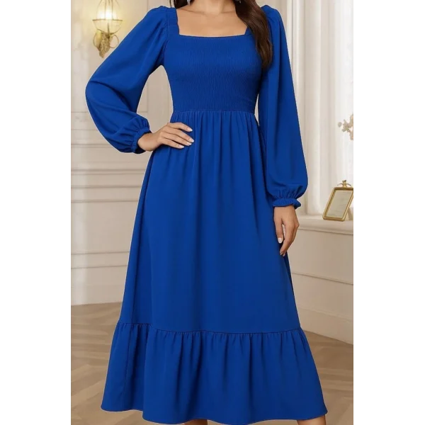 Kadın Uzun Kollu Kare Yakalı Gipeli Uzun Trikoton Elbise