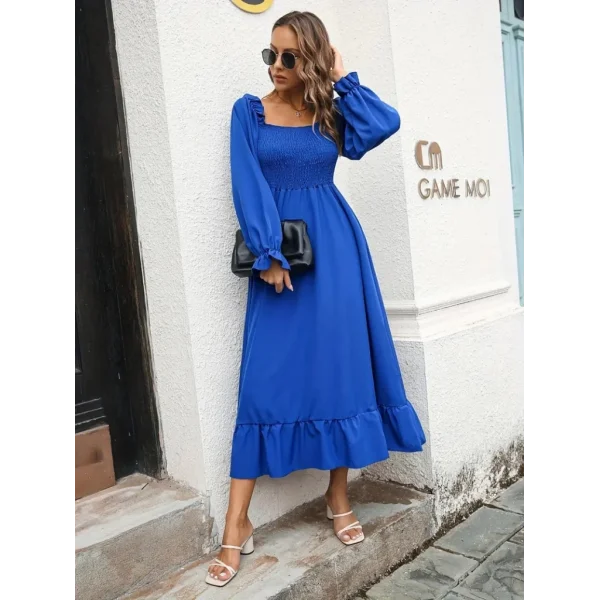 Kadın Uzun Kollu Kare Yakalı Gipeli Uzun Trikoton Elbise