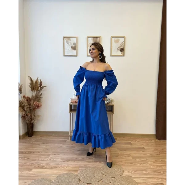 Kadın Uzun Kollu Kare Yakalı Gipeli Uzun Trikoton Elbise