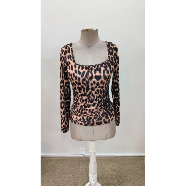 Kadın Uzun Kollu Kare Yakalı Leopar Desenli Dalgıç Bluz