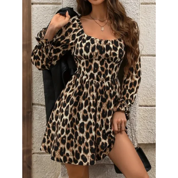 Kadın Uzun Kollu Kare Yakalı Leopar Modal Mini Elbise