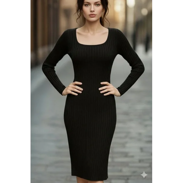 Kadın Uzun Kollu Kare Yakalı Midi şardonlu Kaşkorse Elbise