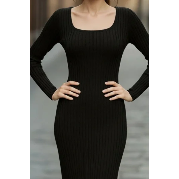 Kadın Uzun Kollu Kare Yakalı Midi şardonlu Kaşkorse Elbise