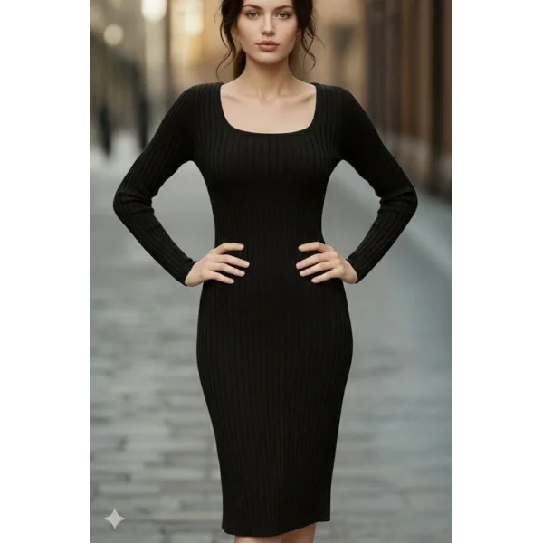 Kadın Uzun Kollu Kare Yakalı Midi şardonlu Kaşkorse Elbise