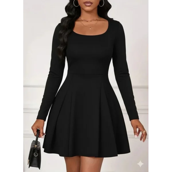 Kadın Uzun Kollu Kare Yakalı Mini Ithal Krep Elbise