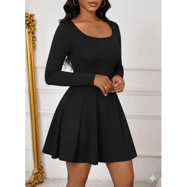 Kadın Uzun Kollu Kare Yakalı Mini Ithal Krep Elbise