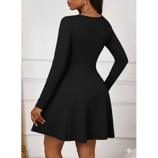 Kadın Uzun Kollu Kare Yakalı Mini Ithal Krep Elbise