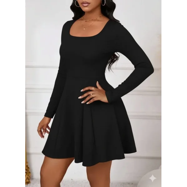 Kadın Uzun Kollu Kare Yakalı Mini Ithal Krep Elbise